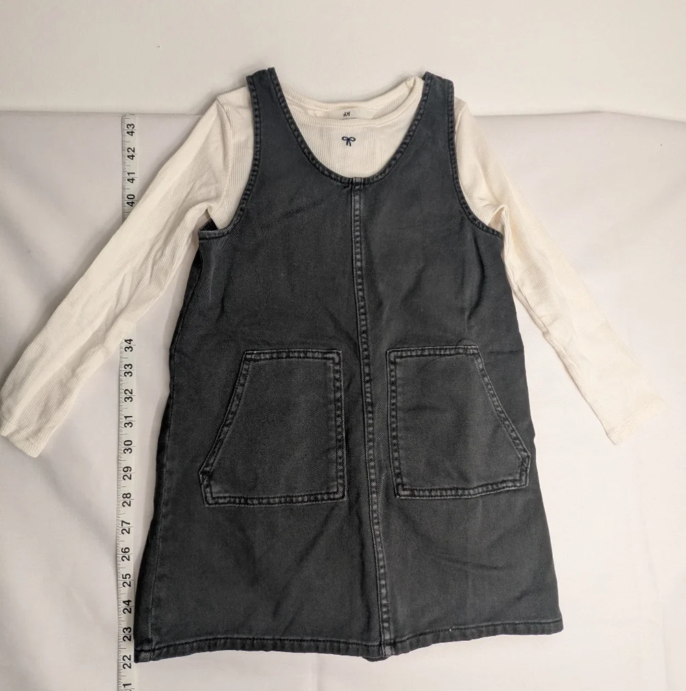 denim jumper dress h&m | Matching Sets | Nwt Hm Girls Sleeveless Cream Long Sleeve Shirt Bow Size 6 and diagonal front pockets Valentine's Day Dress Color:Navy / L White Shirt Under Black Puff sleeves